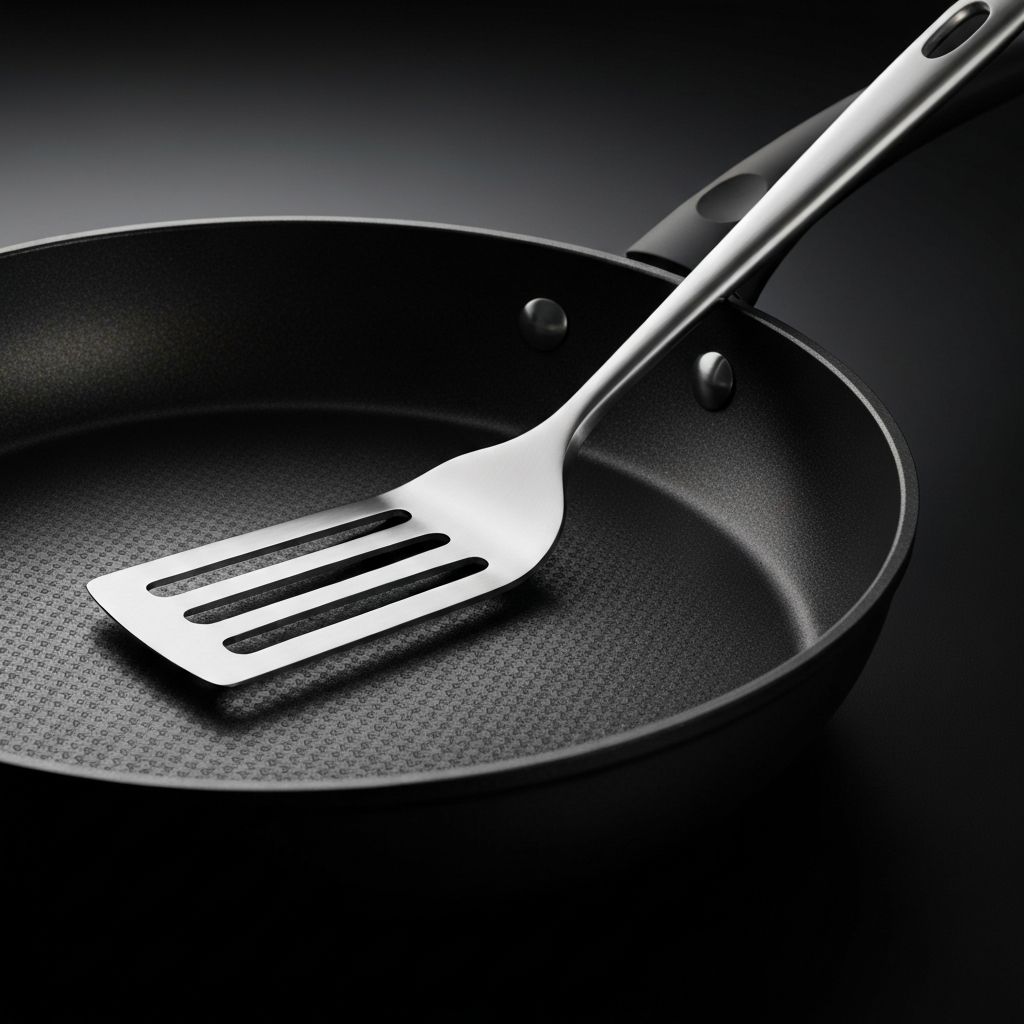 Metal spatula resting safely in a Scanpan Stratanium non-stick pan